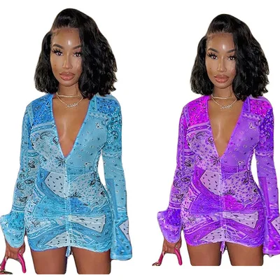 

INS Women Summer Clothes 2021 Causal Sexy Printed Slim Fitted Deep V Long Sleeve See Through Red Mesh Pleated Dresses Ladies, Shown