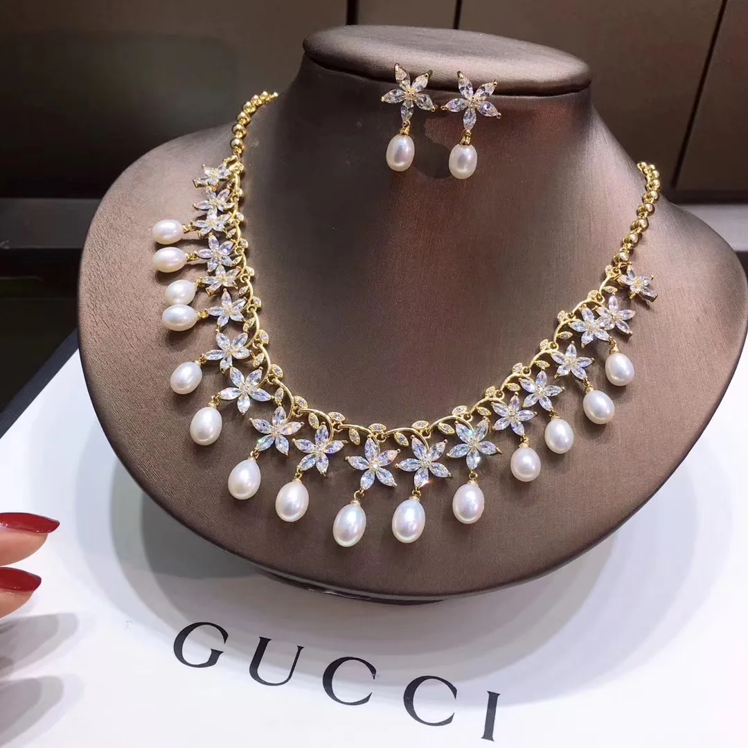 

omen freshwater bridal pearl set jewelry natural wedding necklace and earring fresh water real cultured pearl set, Gold