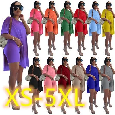 

2021 Plus Size 5XL summer Casual Loose Solid Color Two Piece Pants Set Short With Slit Tops Tshirt Skinny Short set Biker outfit