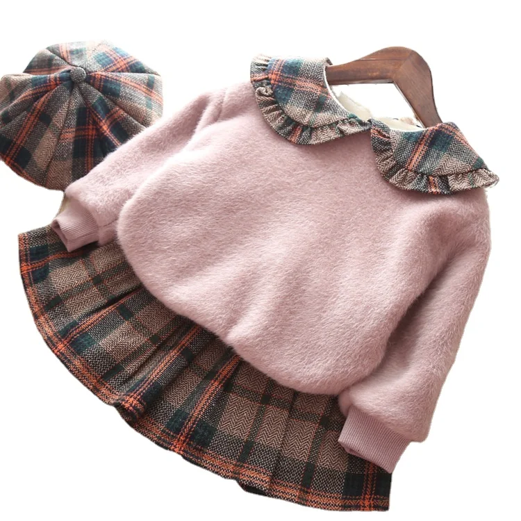 

KBE84088 Toddler Girl clothing Sets Long Sleeve Sweater And Plaid Skirts set Sweet Kids Fall Outfits 2 Piece Set