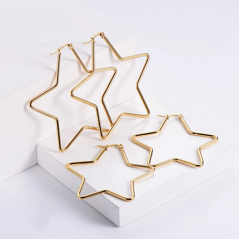 

Pentagrama Brinco Christmas Gift Jewelry Custom Gold Plated Stainless Steel Trendy Pentagram Star Big Hoop Earrings For Women