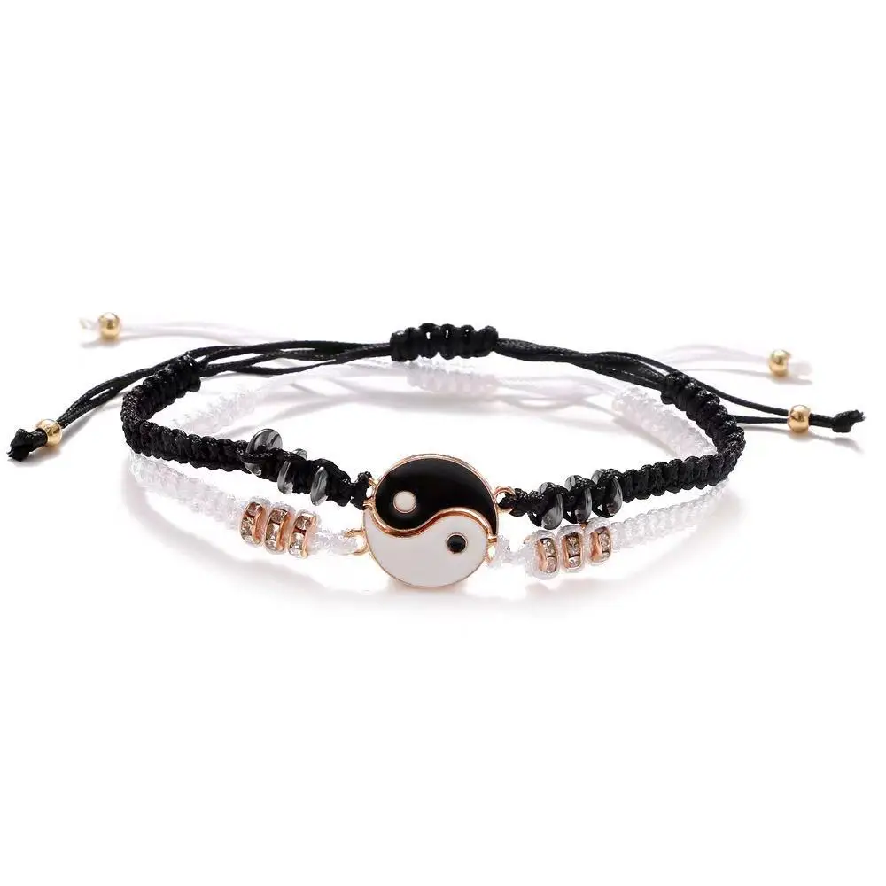 

2021 popular style alloy friendship yin-yang couple bracelet tai chi gossip black-and-white couple weaving bracelet adjustable, Gold silver