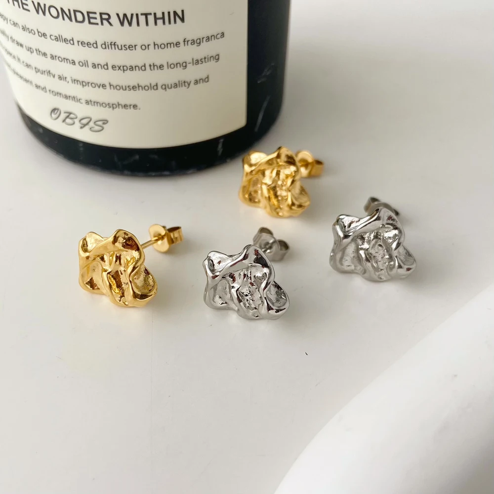 

Wrinkle texture lava earrings Raised and concave irregular stainless steel 18k gold plated earrings