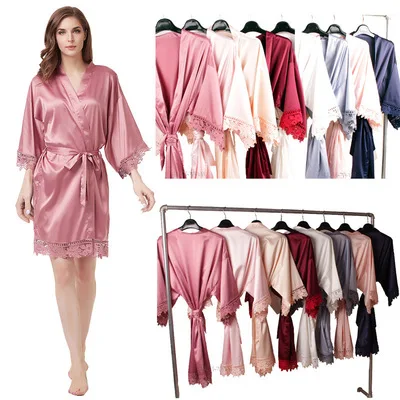 

Dropshipping 2021 Fashionable Silky Matte Satin Lace Robe Bridal Robes For Wedding Party lace night-robe for women, As picture or customized make