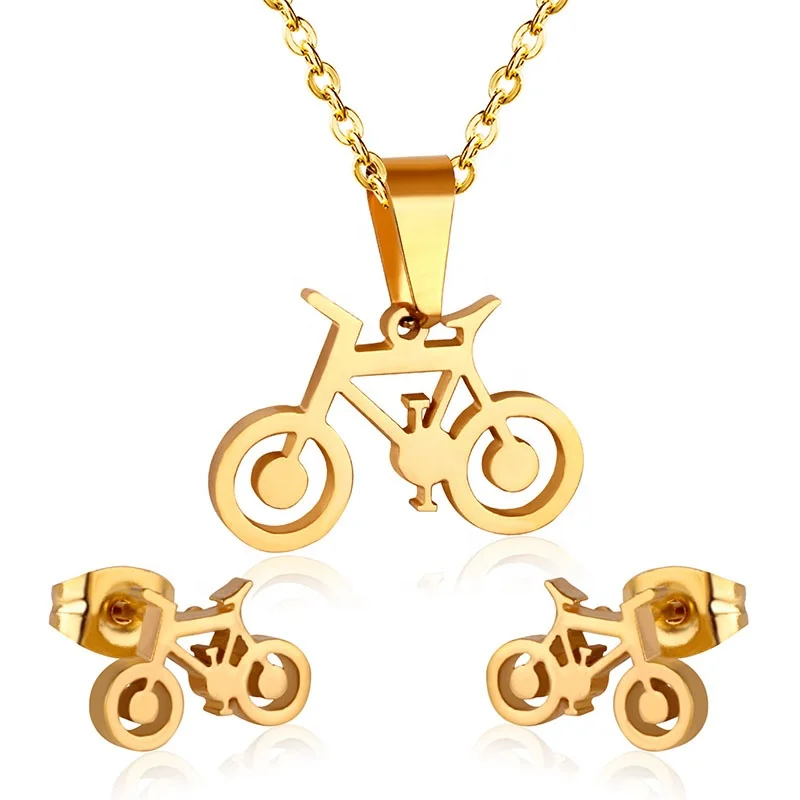 

New Product Hot Selling Trendy Fashion Jewelry 316L Stainless Steel Punk Bicycle Design Necklaces And Earrings Jewelry Sets, Gold,silver