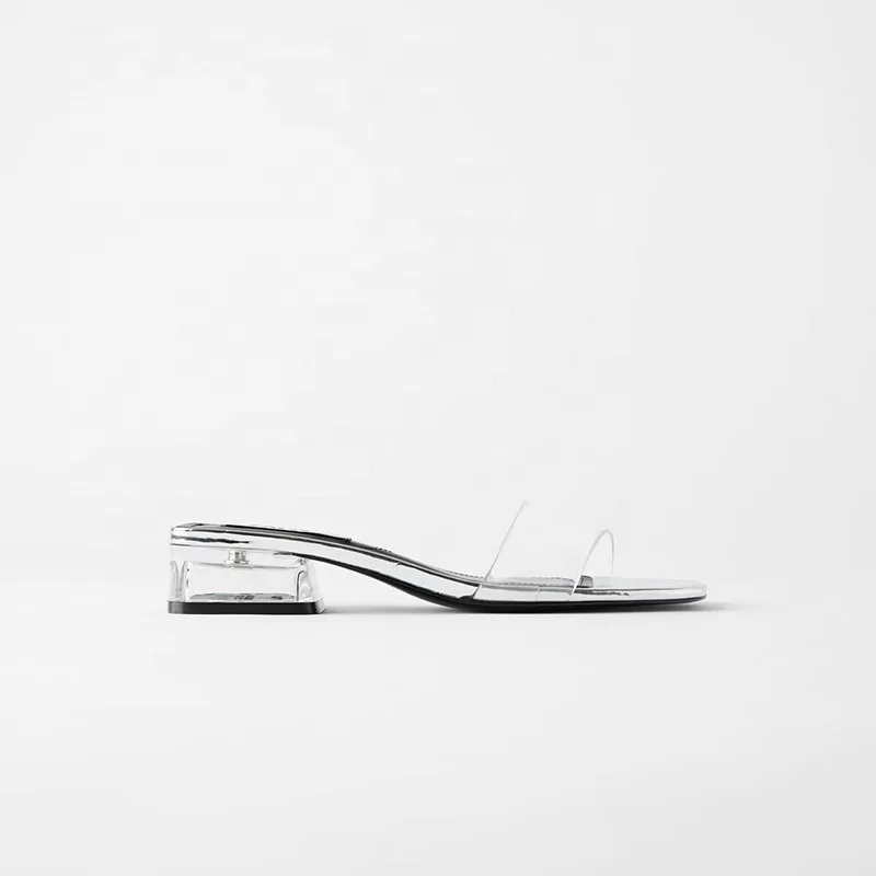 

Transparent vinyl strap squared low heel and toe silver women mules sandals