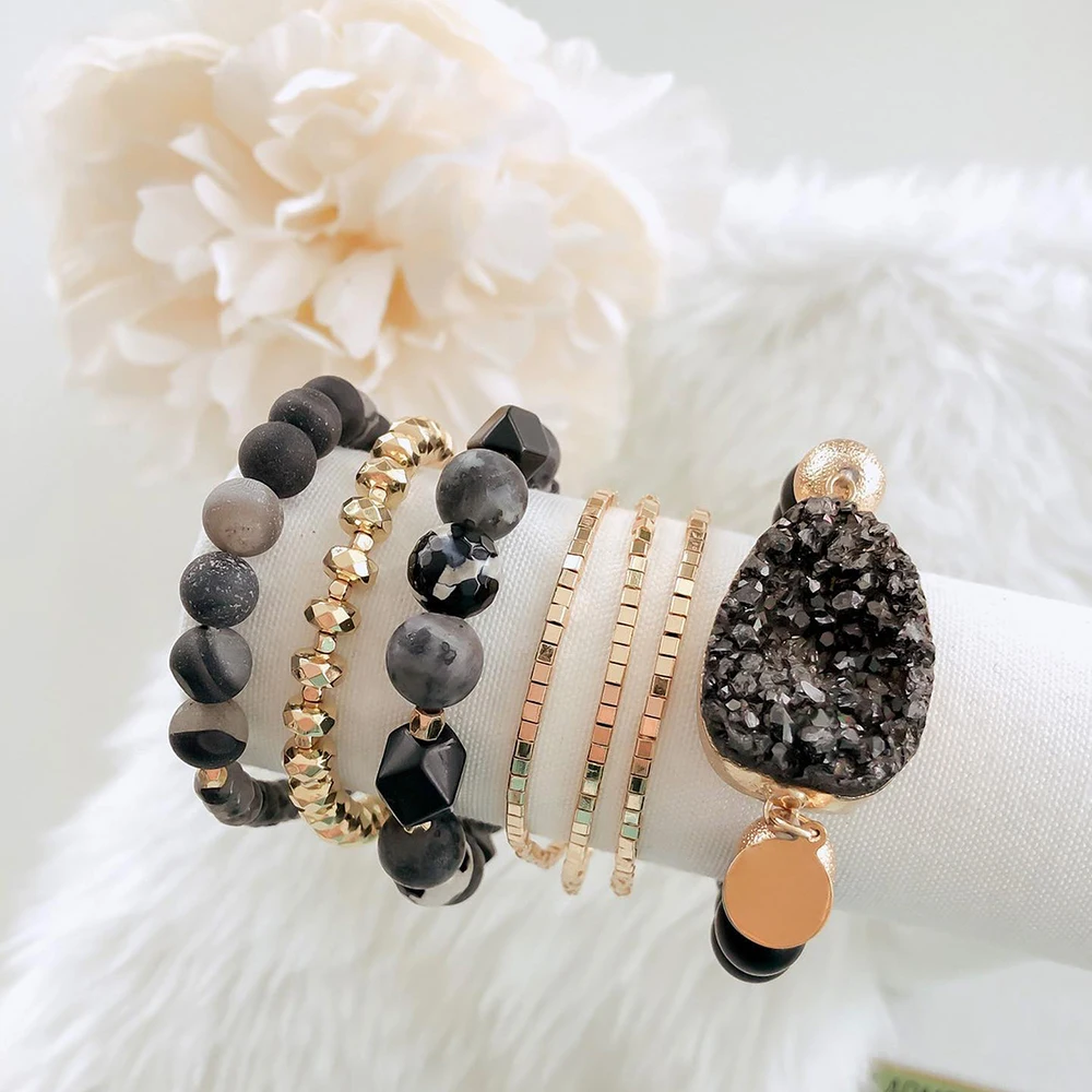 

Bohemia Summer Jewelry,Natural Stone Druzy Natural Agate Lava Logo Charm Stacking Beaded Bracelets Set For Women