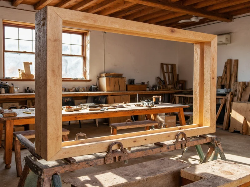 Reclaimed wood frame assembly on sawhorses