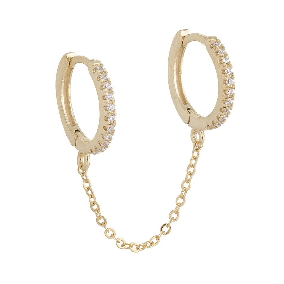 

Wholesale 925 Sterling Silver 14k Gold Plated Double Chain Huggies Hoop Earrings With Clear CZ