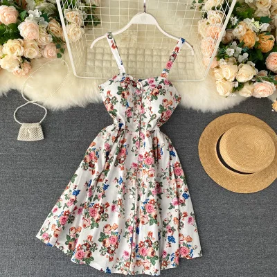 

10% Off new seaside holiday style floral dress women's summer dress breasted waist thin sexy sling A-line dress for women
