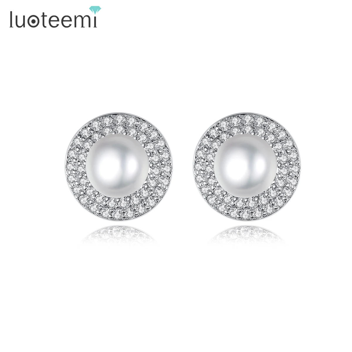 

LUOTEEMI Women Large Pearl Rhinestone Baroque Stud Earrings Diamond Pearl Button Shaped Stud Earrings
