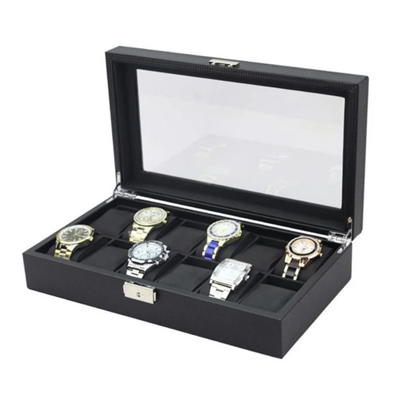 

2021 Popular watch gift case for wrist watch with carbon fiber pu leather 12 slots watch storage box with window in stock, Carbon fiber black