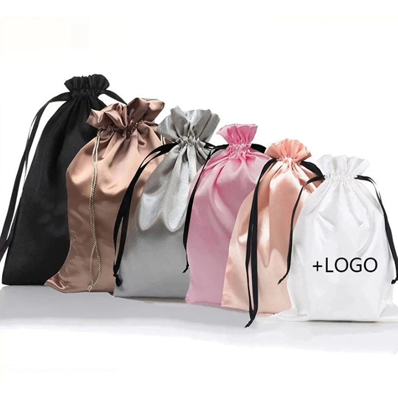

Custom Sizes Luxury Large Satin Christmas Gift Packaging Bags Silk Pouches For Wigs
