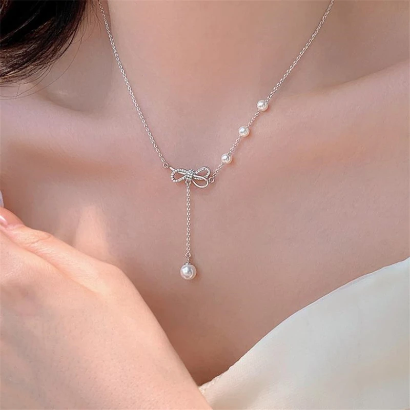 fashion jewelry bowknot pearl necklace female light luxury clavicle chain tassel pendant for women