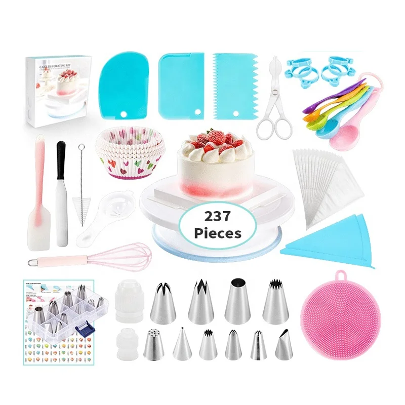 

237 Pieces Cake Supplies Baking Pastry Tools Cake Turntable Decoration Kit Cake Decorating Set, As photo