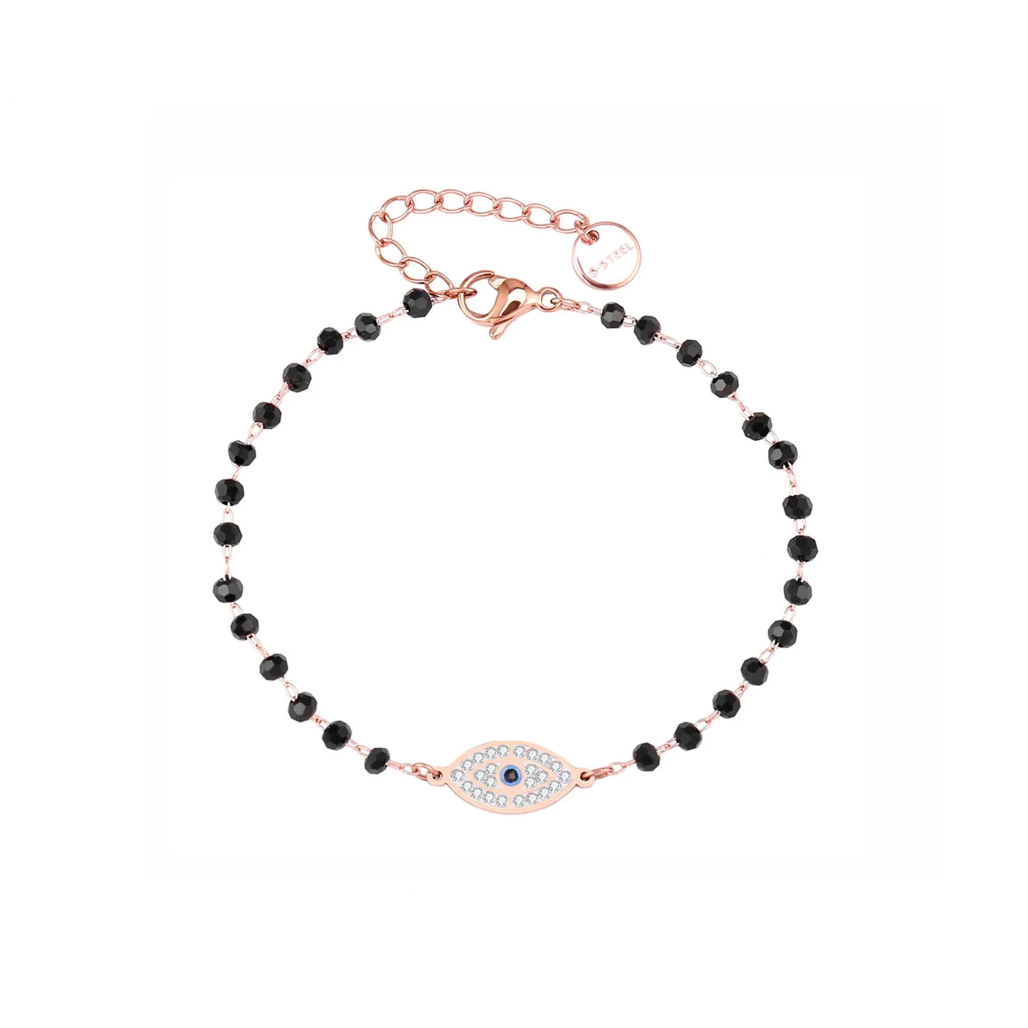 

Custom Stainless Steel Black Crystal Beaded Bracelets Jewelry Fashion Adjustable Charm Evil Eye Bracelet, Rosegold silver