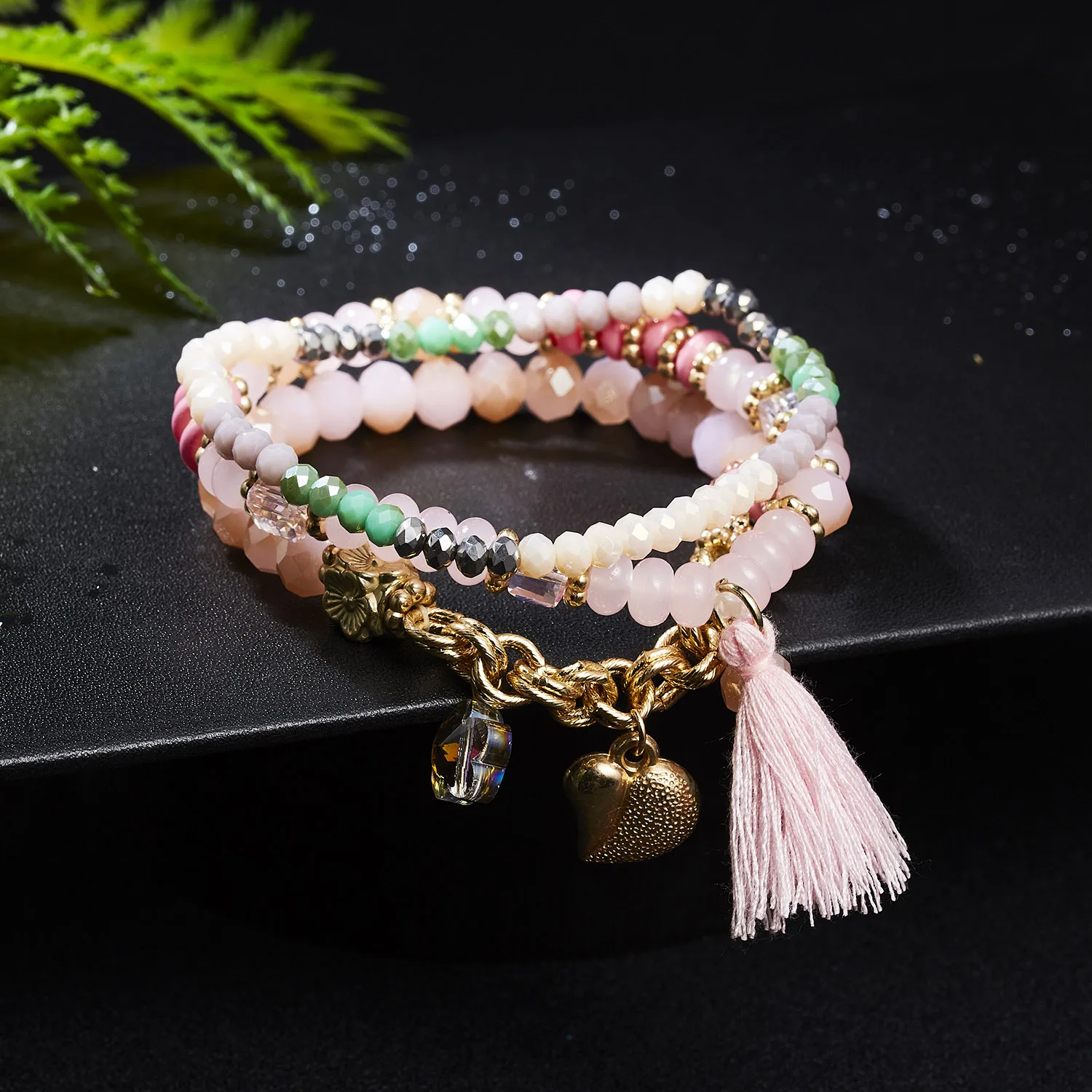 

Crystal chain love heart flower tassel bead bracelet multi layer charm bracelets  bangle for couple girls women, As shown