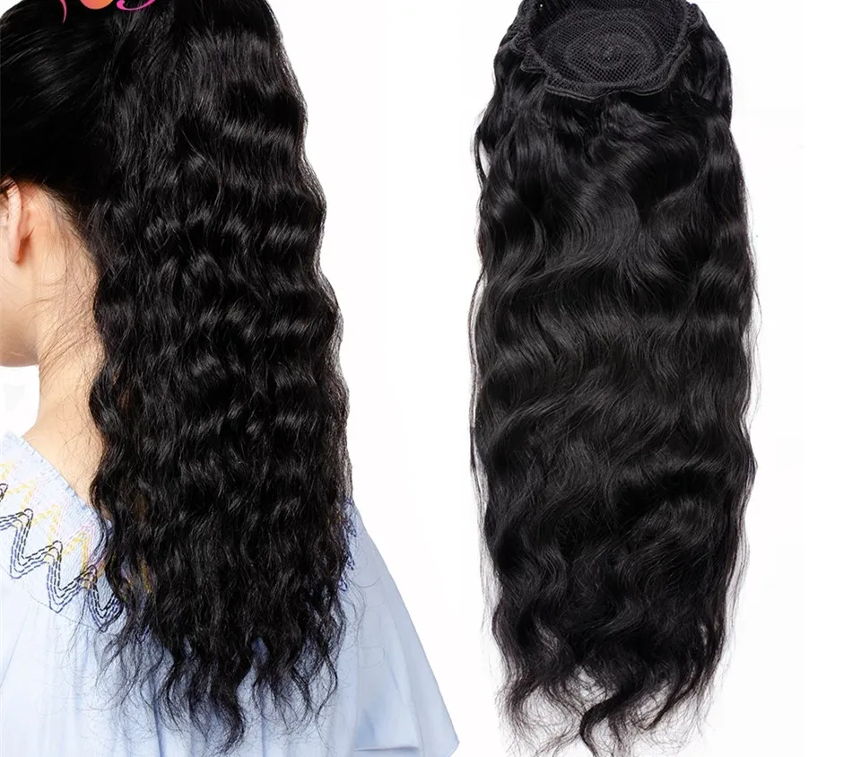 

Diva1 Natural Wave Drawstring Ponytail Human Hair Brazilian Afro Clip In Extensions Remy Hair Water Wave Ponytail 2 Combs 140g