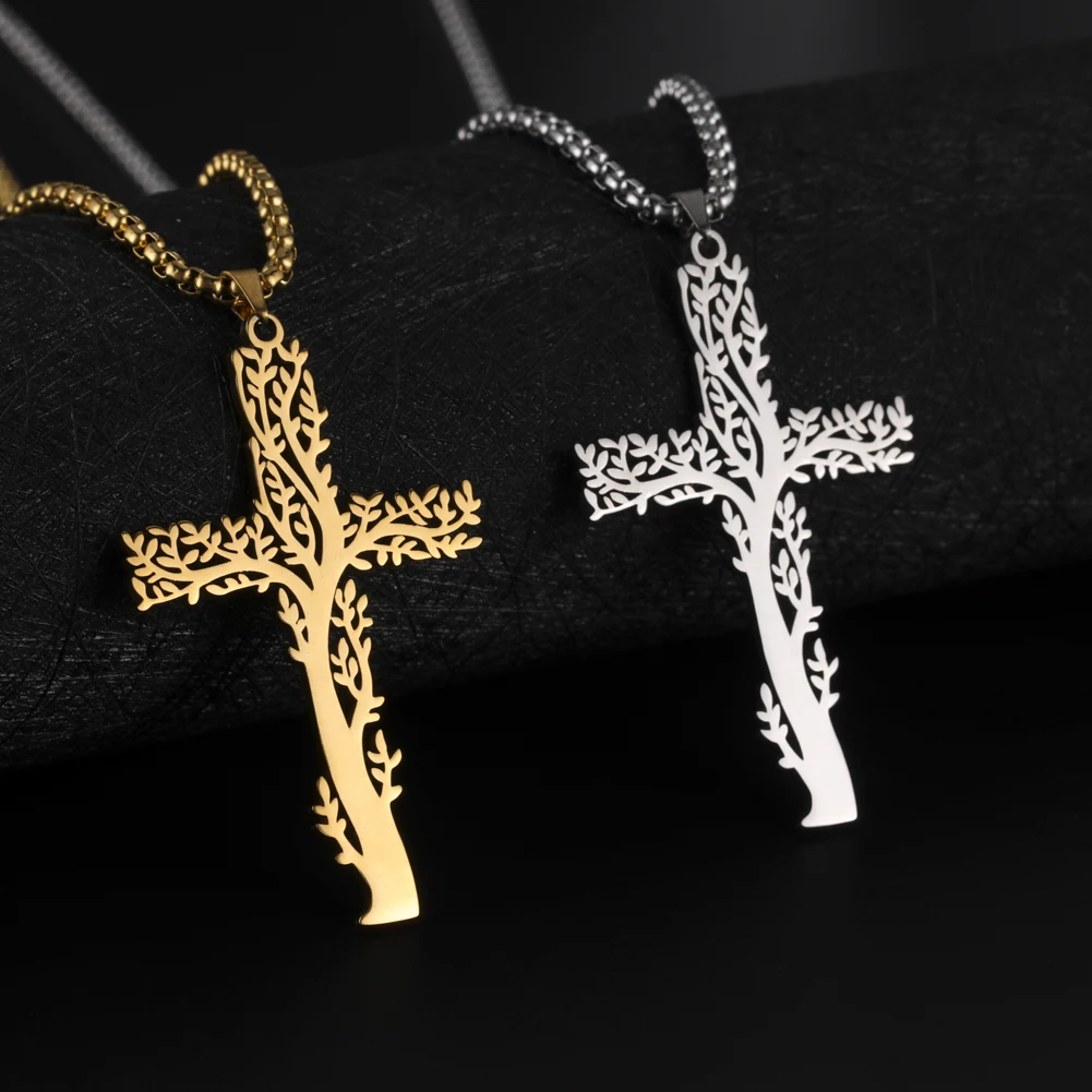 Myshape Tree of Life Cross Necklace for Men Stainless Steel Gold Color Viking Jewelry Chain Necklaces Religious 2021 Wholesale