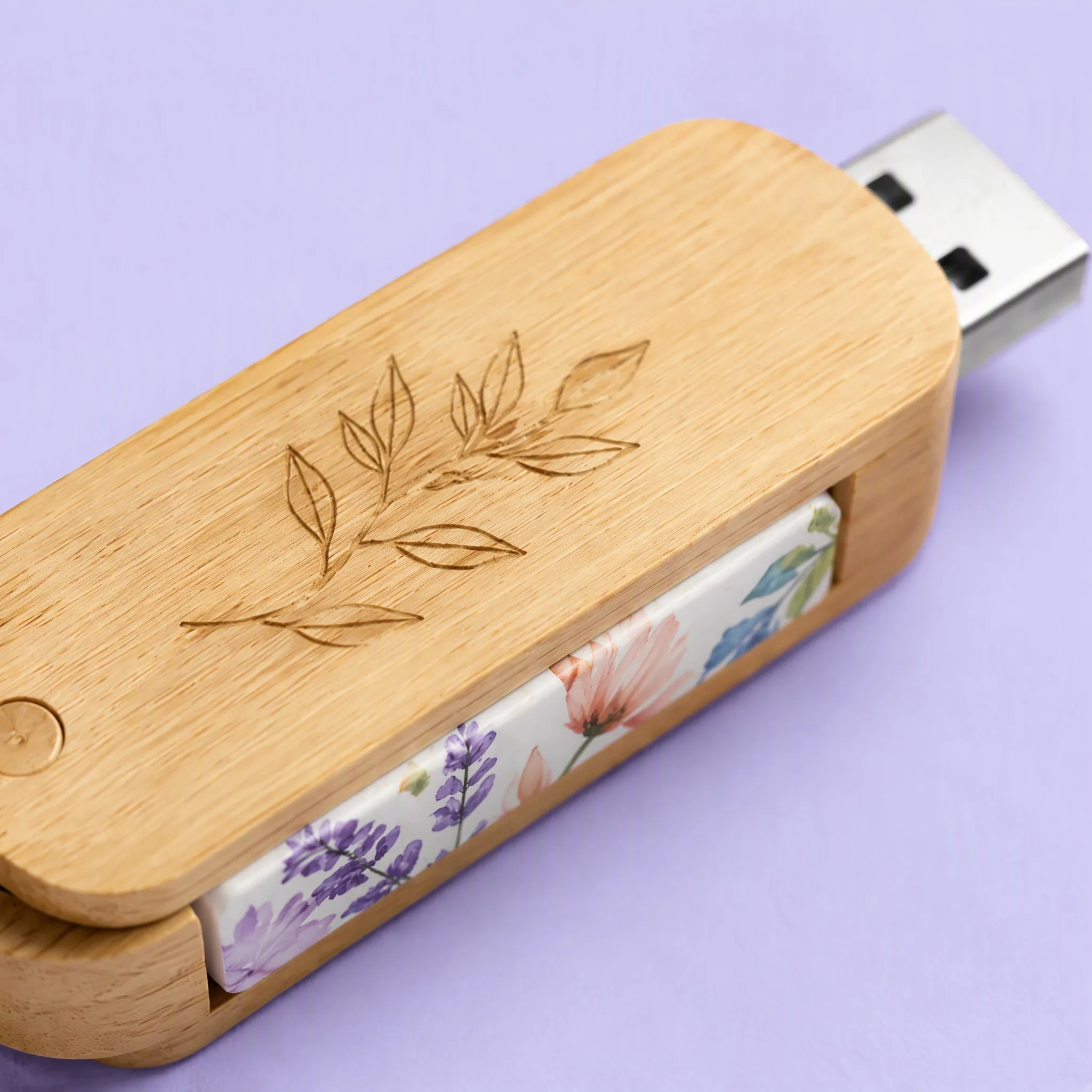 Extreme Macro View of Laser-Carved Olive Leaves in Natural Maple Wood Grain and Lavender Watercolor Floral Art