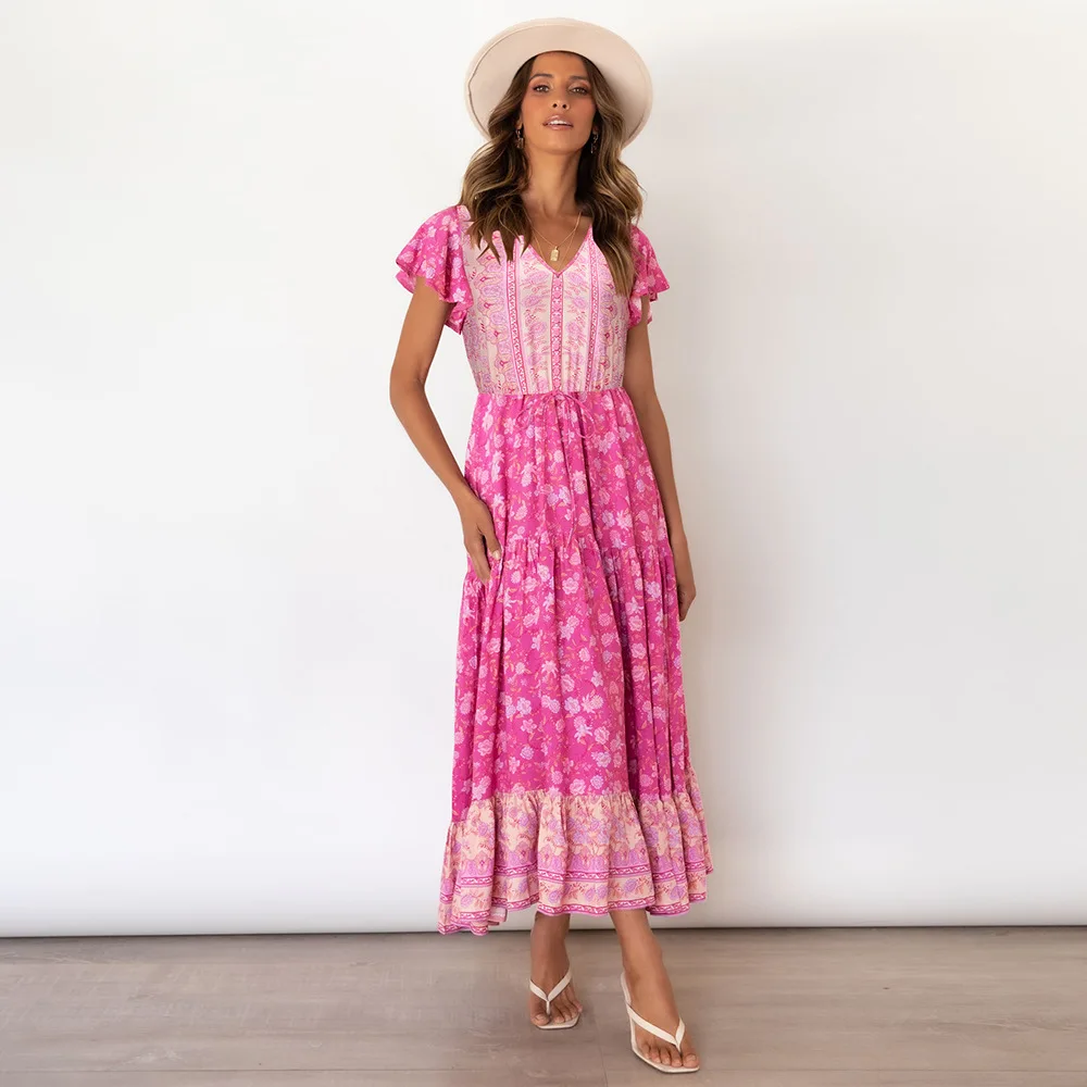 

Enyami Boho Spring Summer Floral Printed Dress V-neck Short Sleeve Ruffles High Waist Long Dresses, Picture color