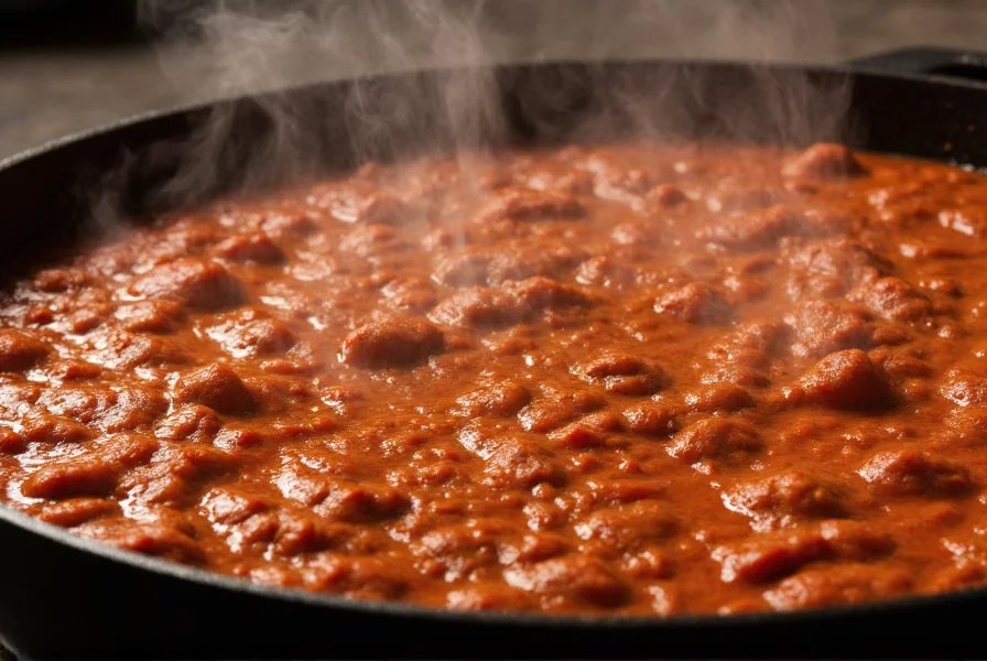 Close-up of rich, thick chili in cast iron pot with steam rising showing perfect texture
