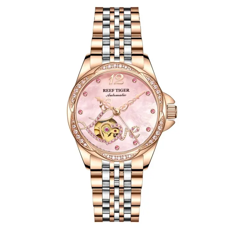

REEF TIGER RGA1583 Top Brand Lady Watches Luxury Flower Diamond Women Rose Gold Bracelet Automatic Watches Feminino Reloj Mujer