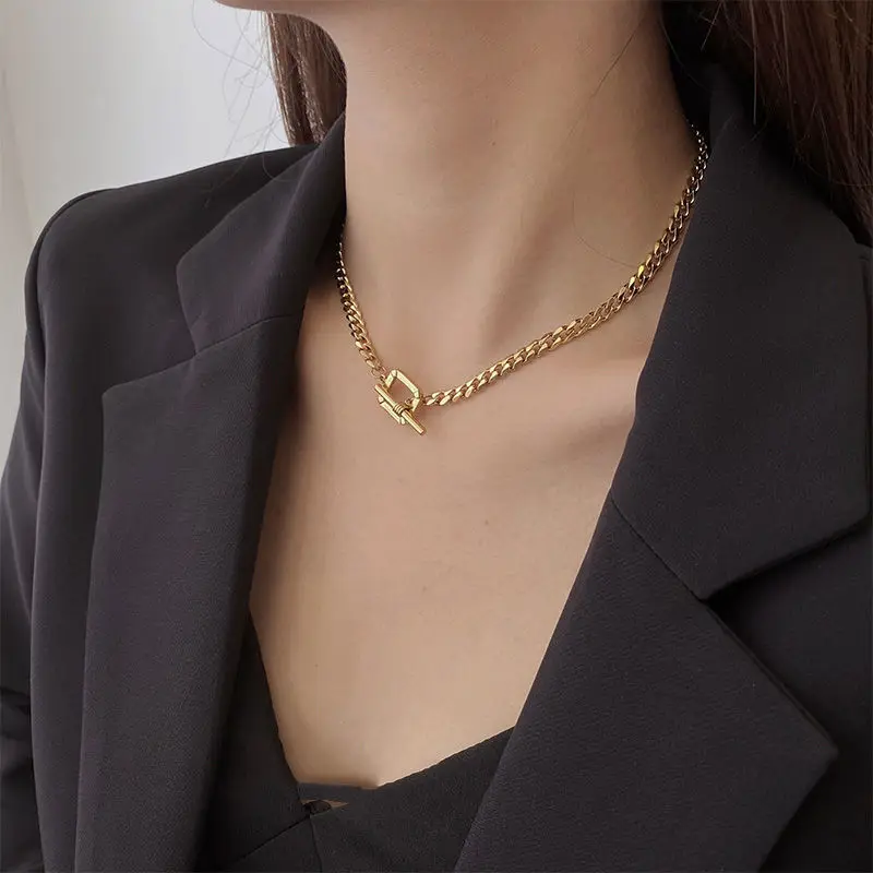 

Trendy Ins Stainless Steel 18K Gold Plated Link Chain Square Bar OT Buckle Necklaces for Women