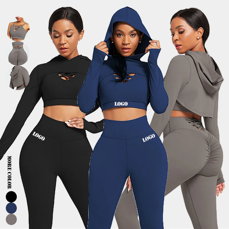 

2021 New Fashion 3 Piece Yoga Pants Set Elasticity Sport Wear Logo Yoga Activewear Set