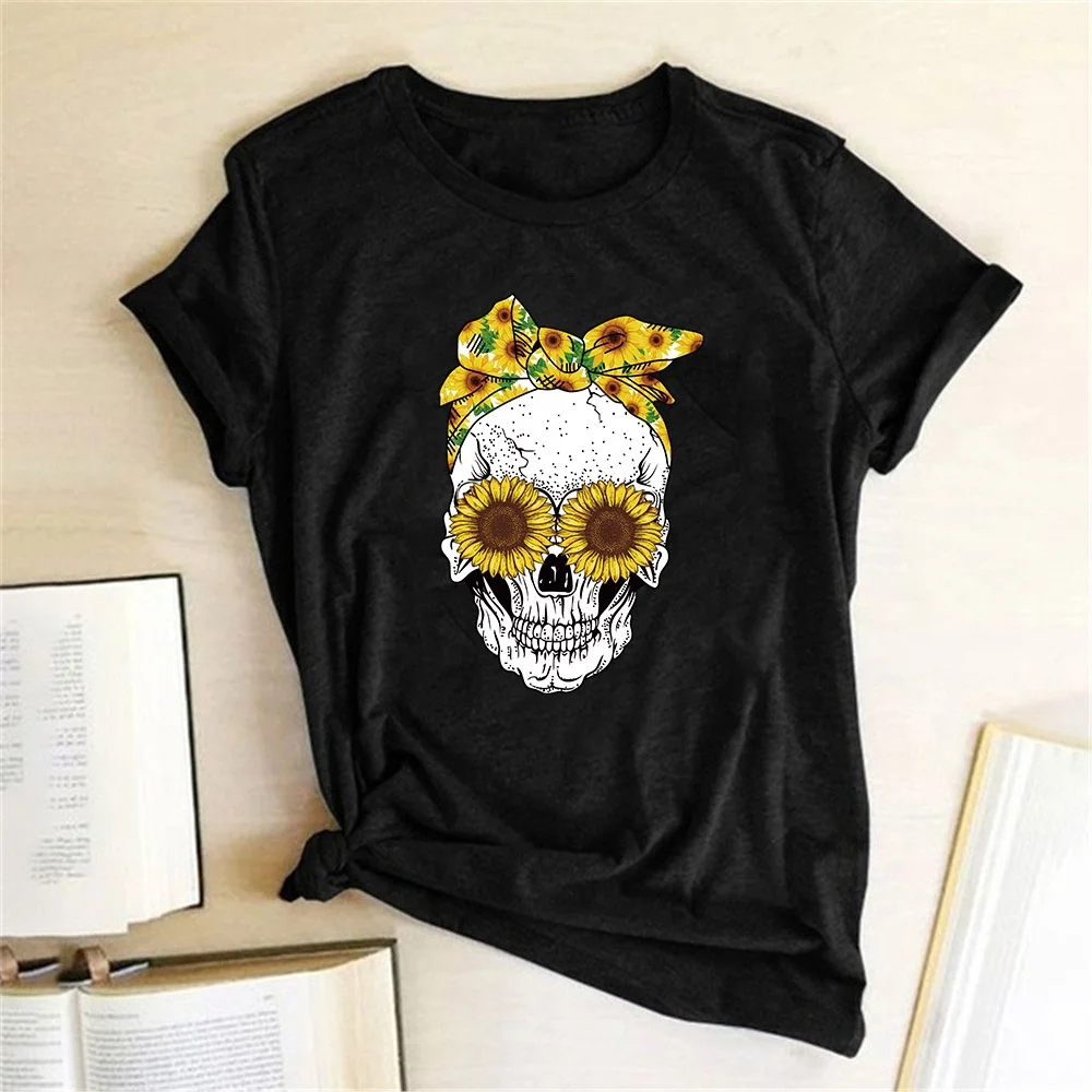 

Mzl's Love Hillbilly Skull Punk T Shirt Women Fashion Casual Short Sleeve Sun Flowers Tshirts Chemise Femme Tops Mujer Verano