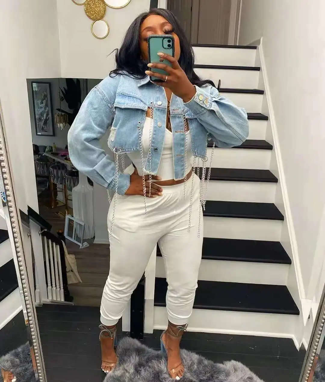 

J&H fashion New Arrivals High Streetstyle Ripped Denim Light Wash Tassel Chain Longsleeve Collar Shirt Jacket Trendy Ropa Mujer, 1 colors as picture