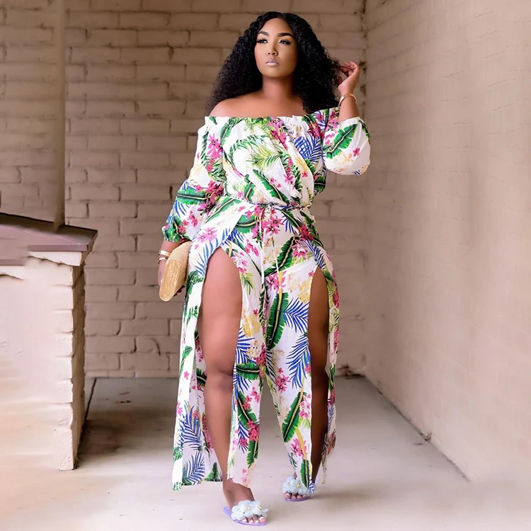 

Casual Fashion Jumpsuite Beach Womens Floral Slit Jumpsuits Long Sleeve Loose Jumpsuit -PT, White