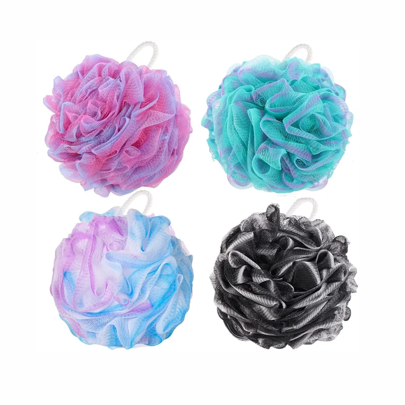 

Customized Assorted colors Skin Exfoliating Natural flower Scrubber Loofah mesh Bath Sponge Shower Ball Pouf, Green , yellow , purple , pink , red etc