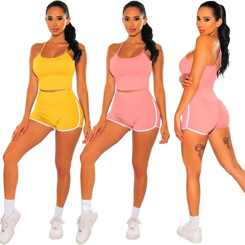 

2 Pieces women biker shorts set women sports wear crop top and shorts two piece pants set for women