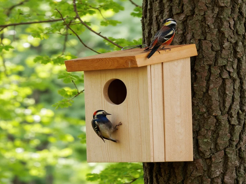 Completed DIY nest box mounted on tree with birds