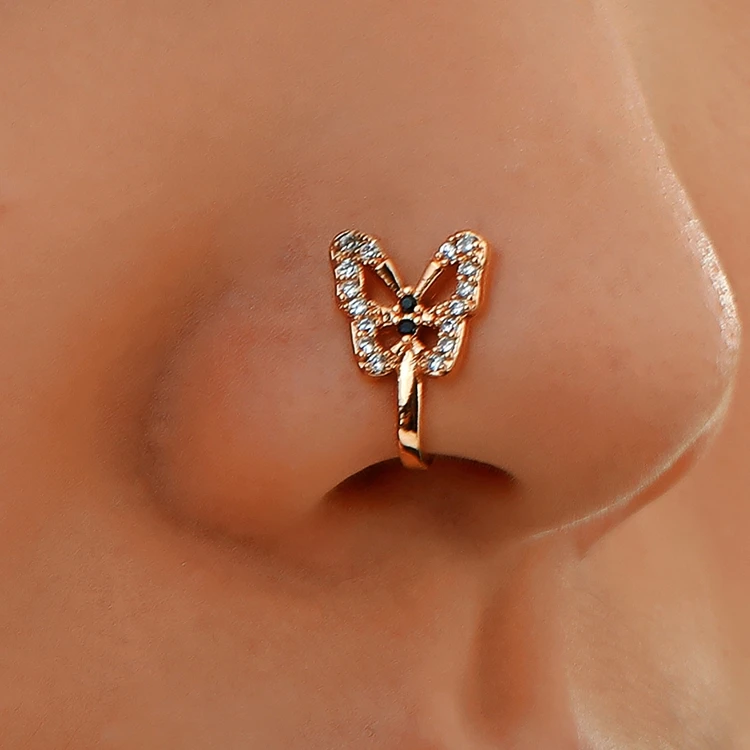 

New Designer Faux Nose Ring Cuff Diamond Butterfly Face Nose Clip Nose Rings For Women Body Jewelry, Silver/gold color