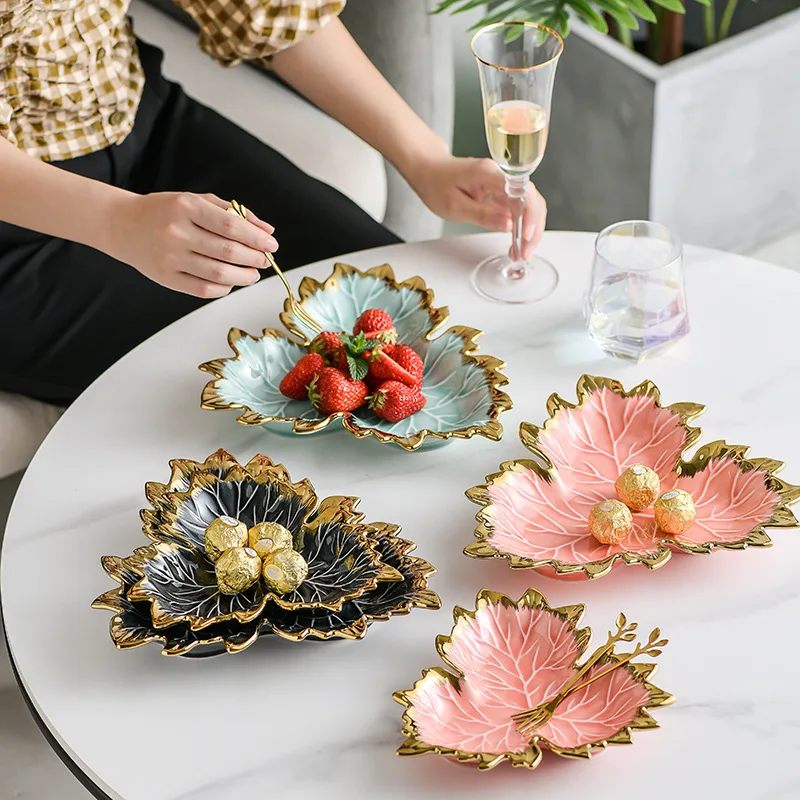 

Creative Unique Maple Leaf Shape Salad Fruit Dessert Plate Ceramic Serving Plate For Sale, Gray/pink/blue