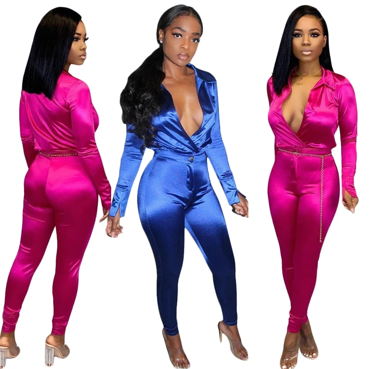 C91208 2019 wholesale bodycon body suits women casual two-piece suit set solid color long sleeve stretchy thick women clothing