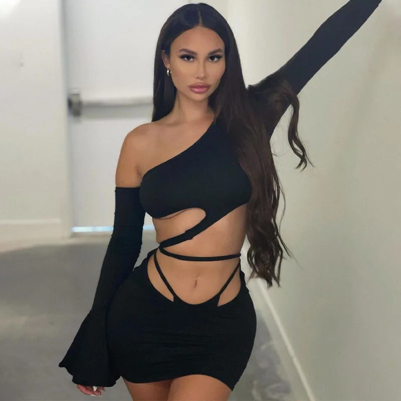 

Summer Streetwear 2 Two Piece Sets Womens Skirts 2021 Bandage Crop Top Hollow Out Mini Skirts Bodycon Black Matching Sets, Black,apricot