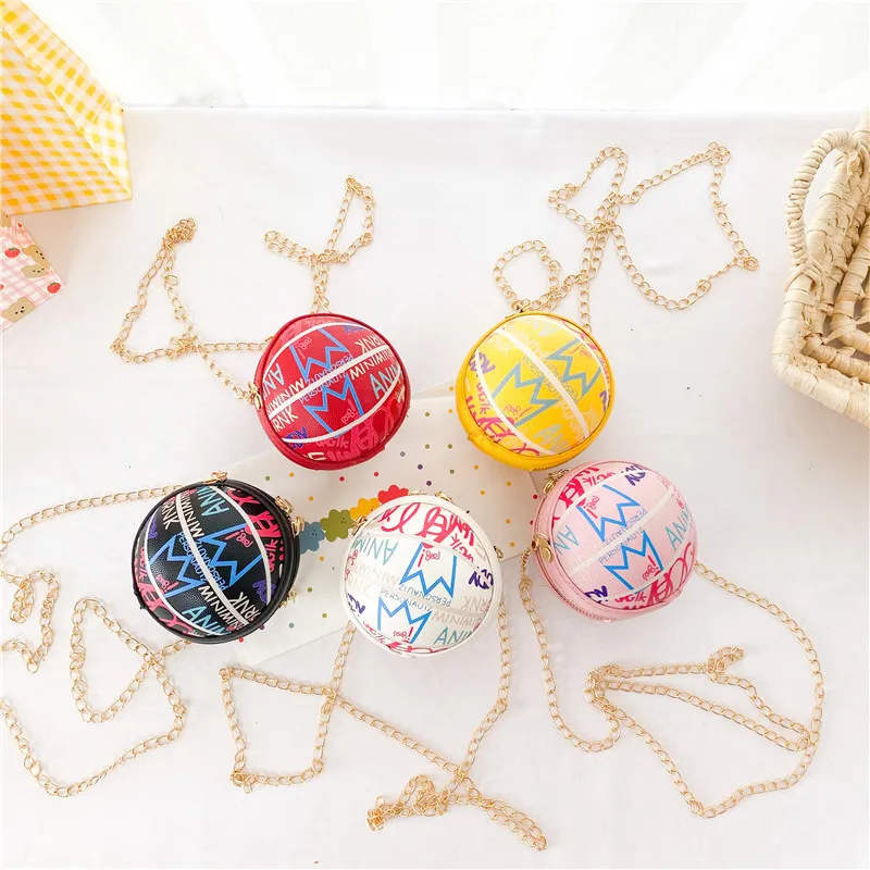

2021 Personality Design Children Cute Mini Ball Shaped Graffiti Purses Kids Letter Printing Round Clutch Bag Basketball Handbags, 5 colors