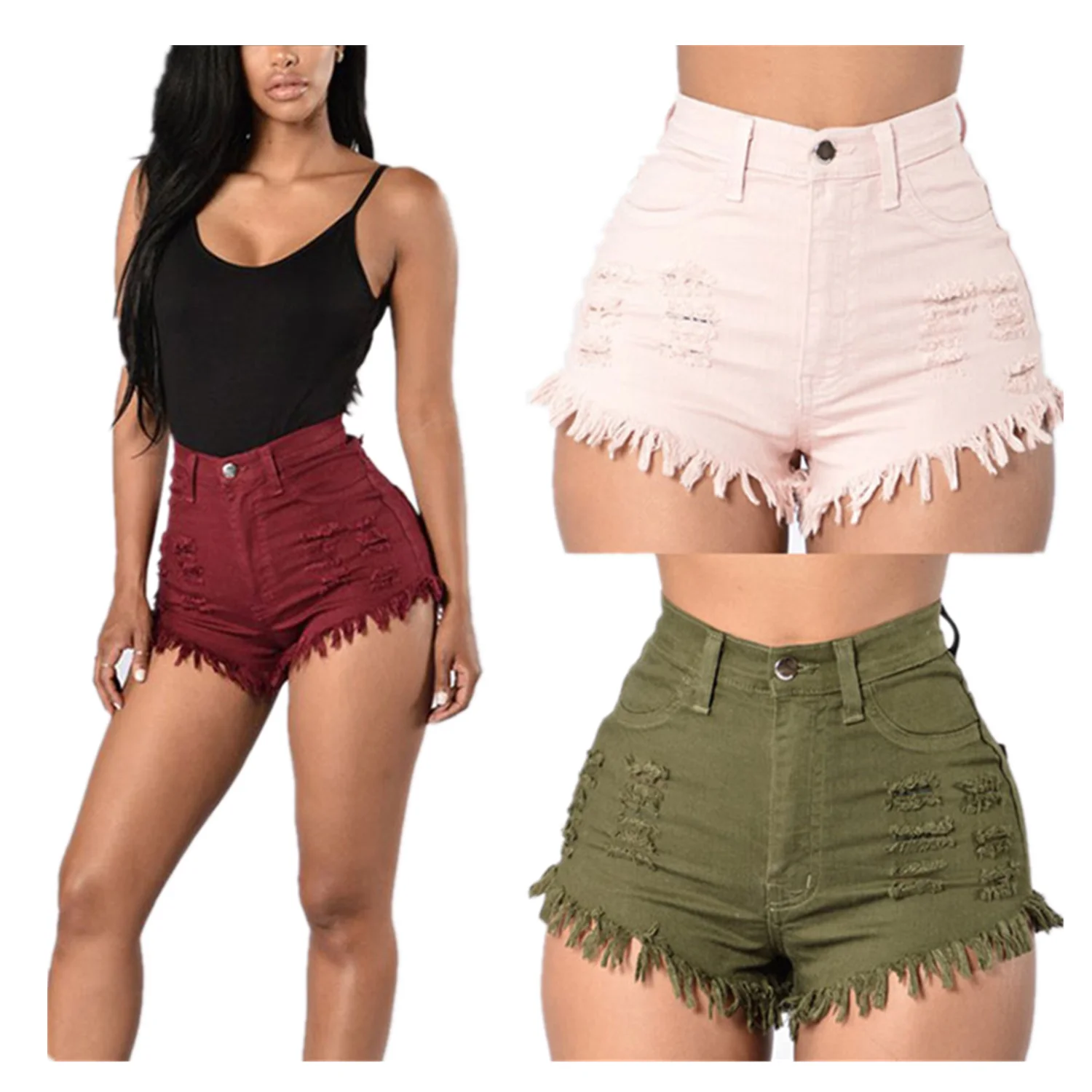 

Hot summer ripped demin beach tassel sale sexy stretch solid color high waisted women's jeans shorts, Green, red, pink
