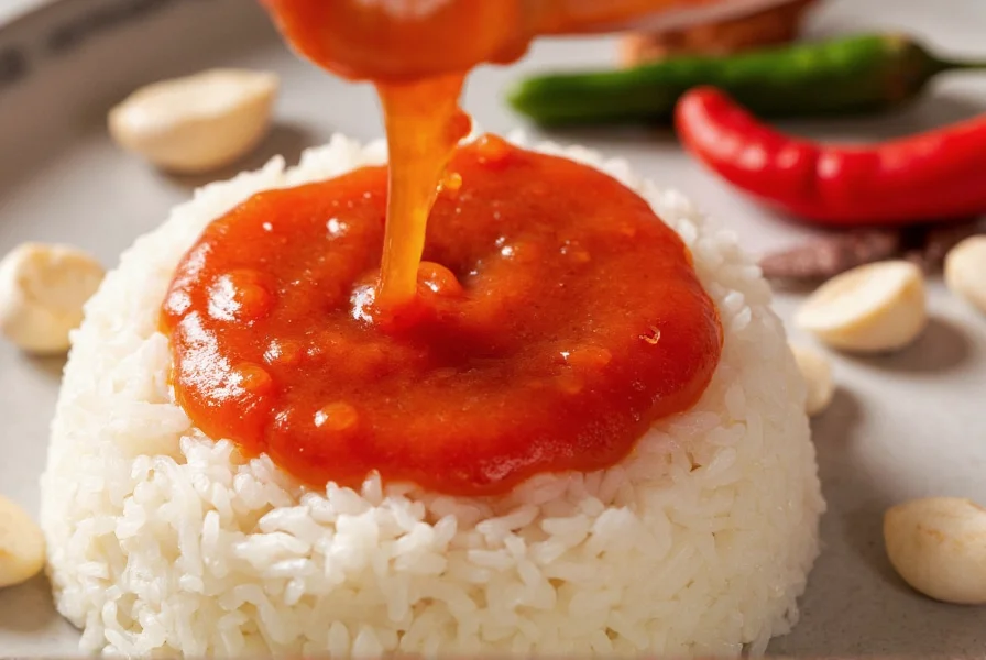 Close-up of homemade red chili garlic sauce being drizzled over steamed rice with fresh red chilies and garlic cloves visible