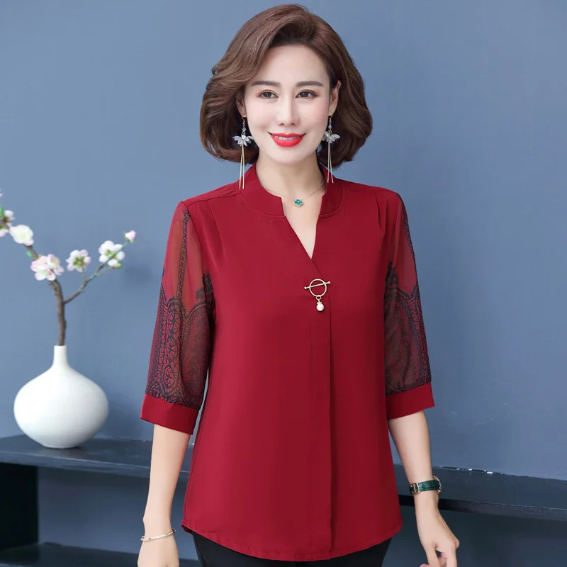 

New spring v neck chiffon blouse sleeve print lace woman bodysuits solid vintage outwear XXLL adies' Blouses, Picture color