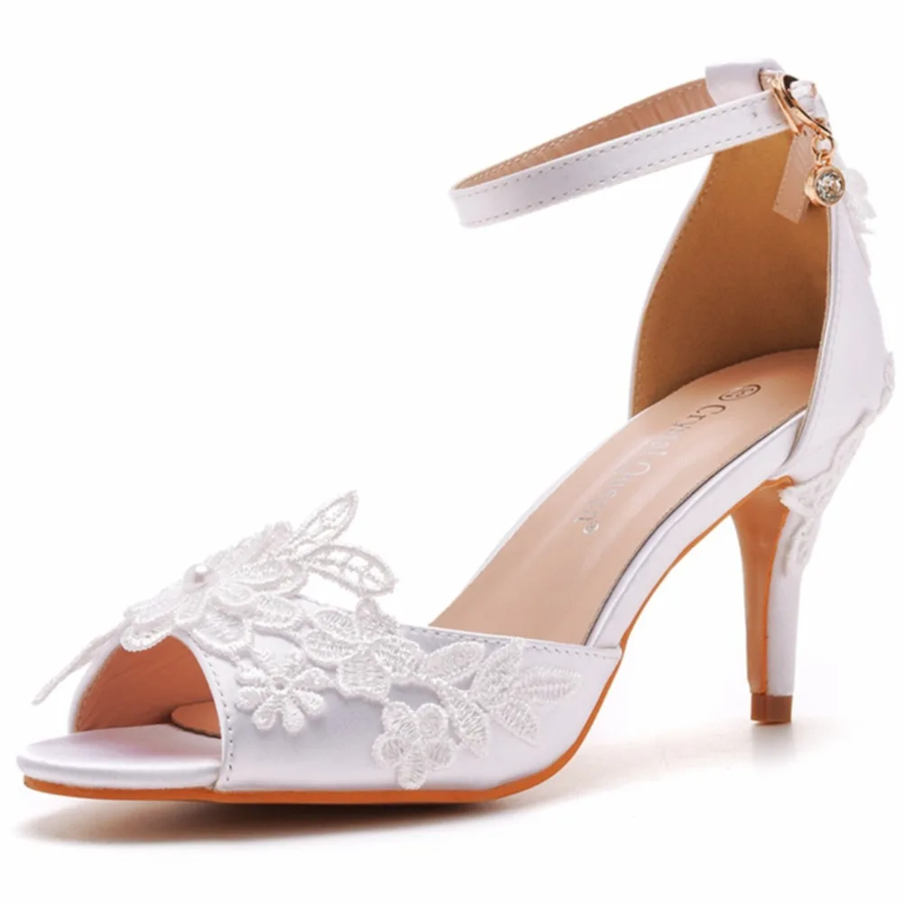 

Dropshipping Custom Logo Lace Flower White High Heels Shoes Women New Styles Wedding Dress Designer Sandals