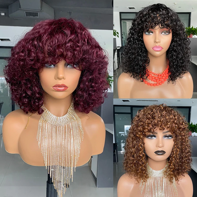 

SDD Super Double Drawn Machine Made Fringe Wig Raw Virgin Hair Cuticle Aligned 200% Density Short 100% Human Hair Wigs, 99j# highlight 1b