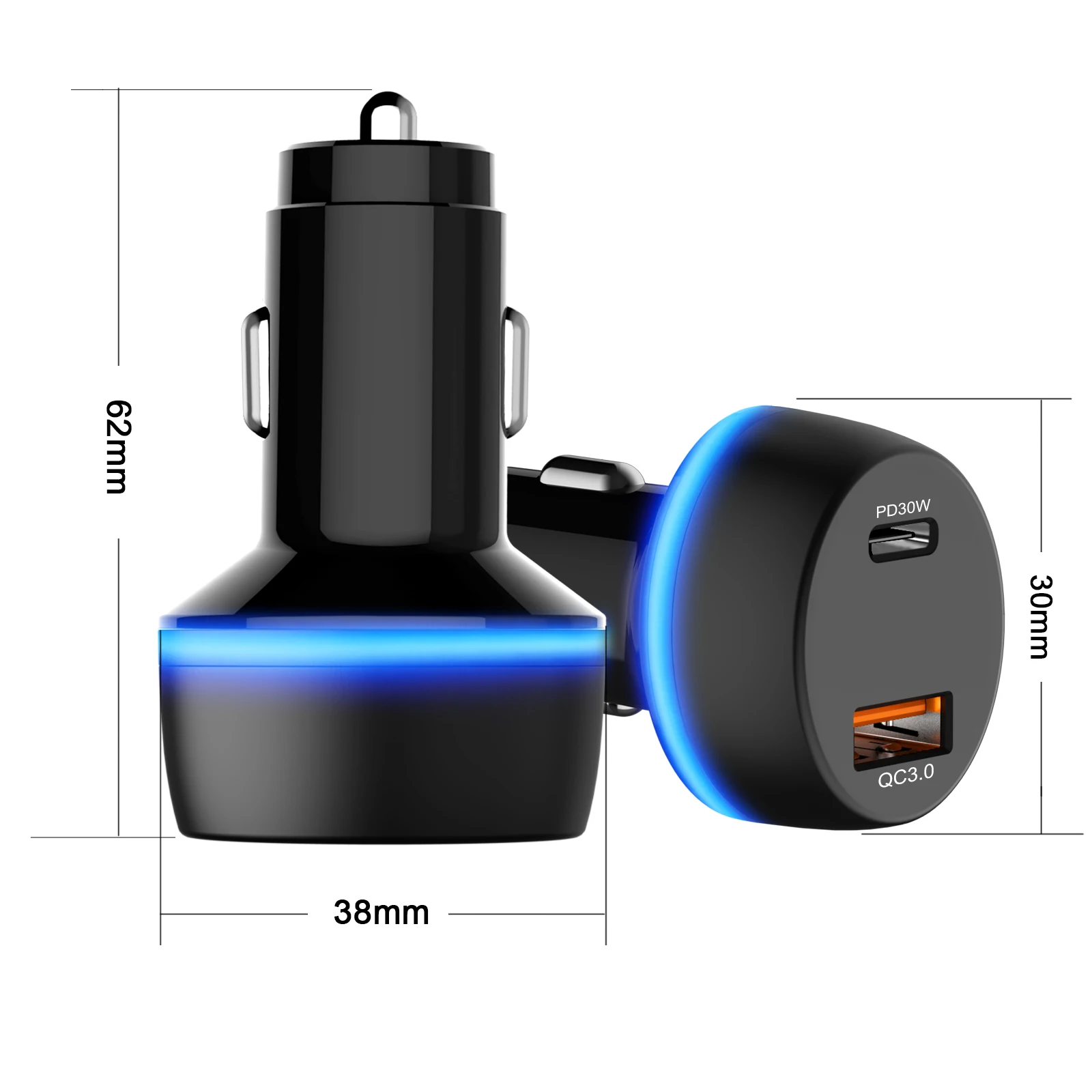 

led light ring 48w max pd 30w usb c car charger qc3.0 pps pd 30w charger power, Black or oem