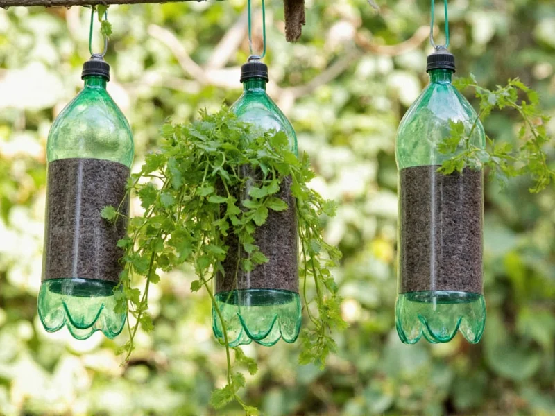Recycled plastic bottles transformed into hanging vegetable planters