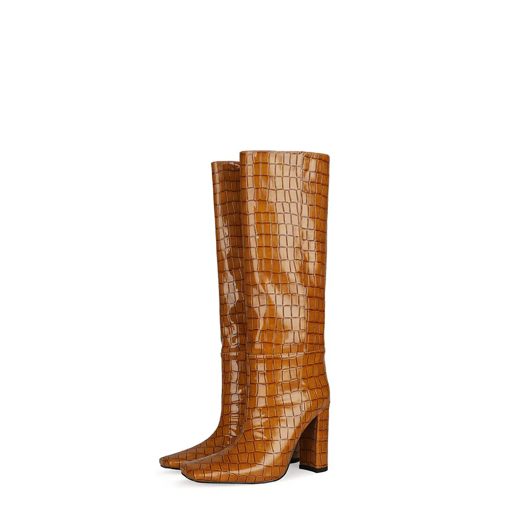

Fashion handmade shiny square toe thick heel stone pattern ladies knee-length boots, Can customized color
