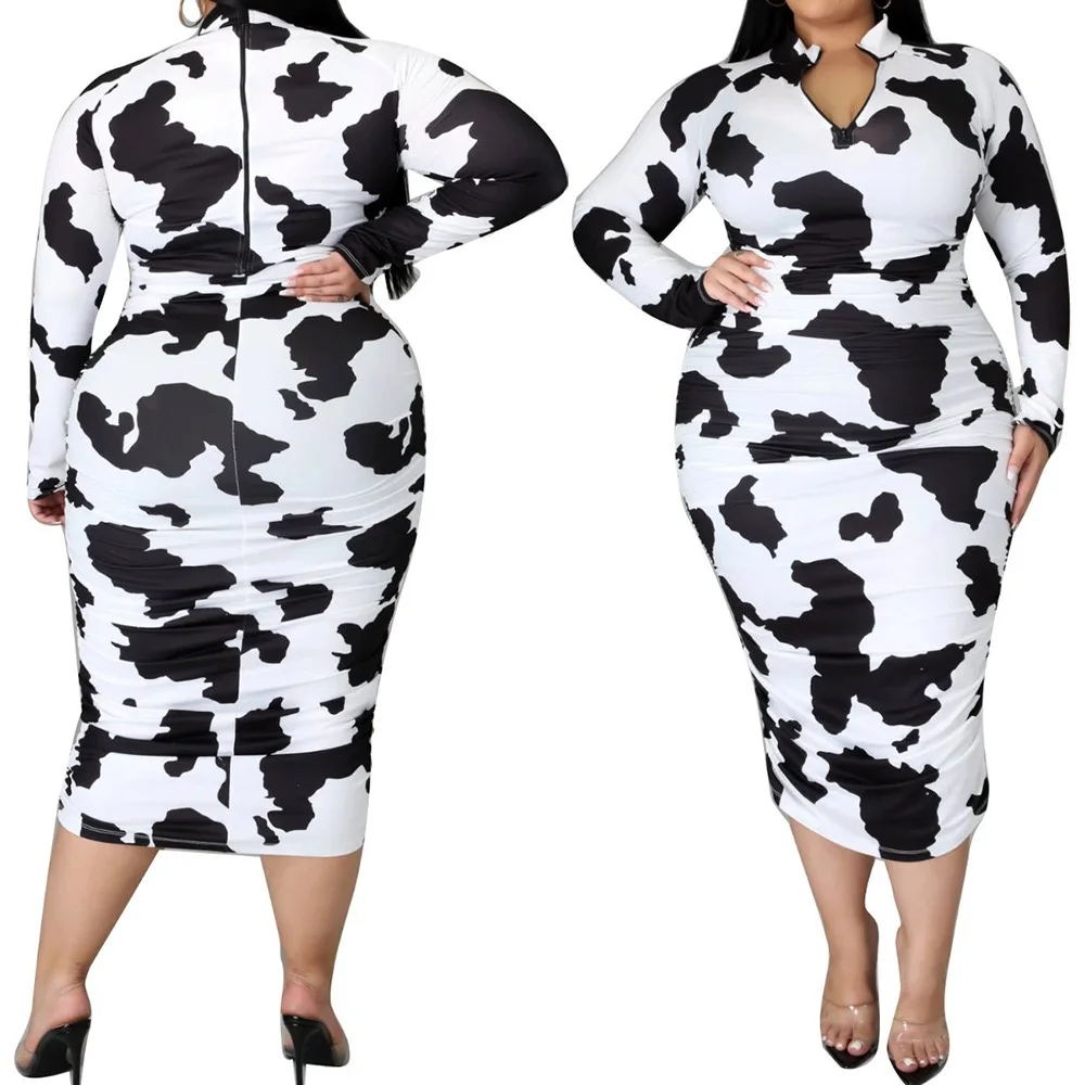 

Wholesale 3XL sexy fashion long sleeve zipper plus size dress cow print bodycon for office casual dresses, 1color as picture