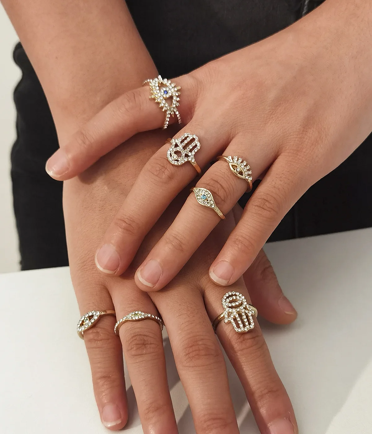 

7Pcs/Set Gold Color Hamsa Hand Turkish Evil Eye Rings Set For Women Vintage Boho Crystal Knuckle Ring Set (KR116), Antique gold,antique silver